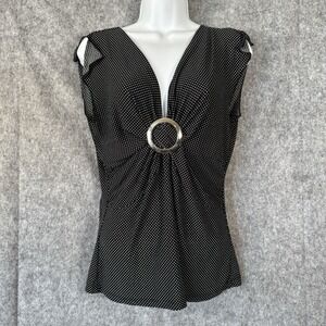 Y2K Babydoll Top Shirt Womens Medium Petite Black‎ Polka Dot Rockabilly Pinup